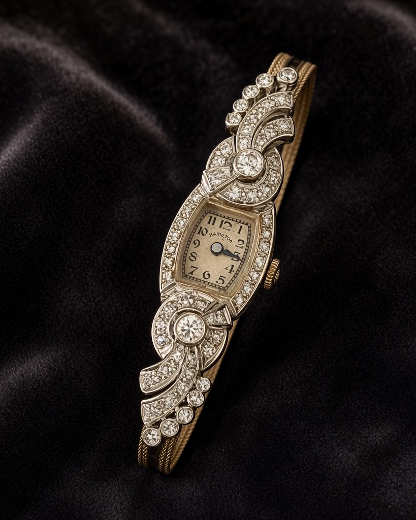 Hamilton Art Deco cocktail watch with diamond-set case and band, on black velvet