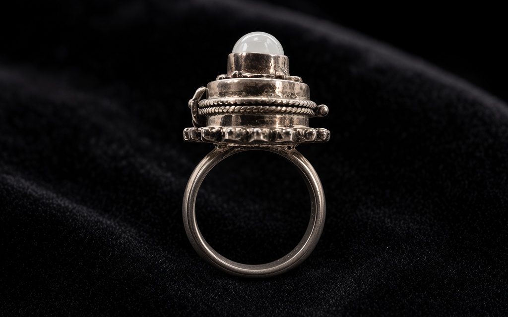 Sterling silver locket ring in profile showing its moonstone lid and hinge, on black velvet