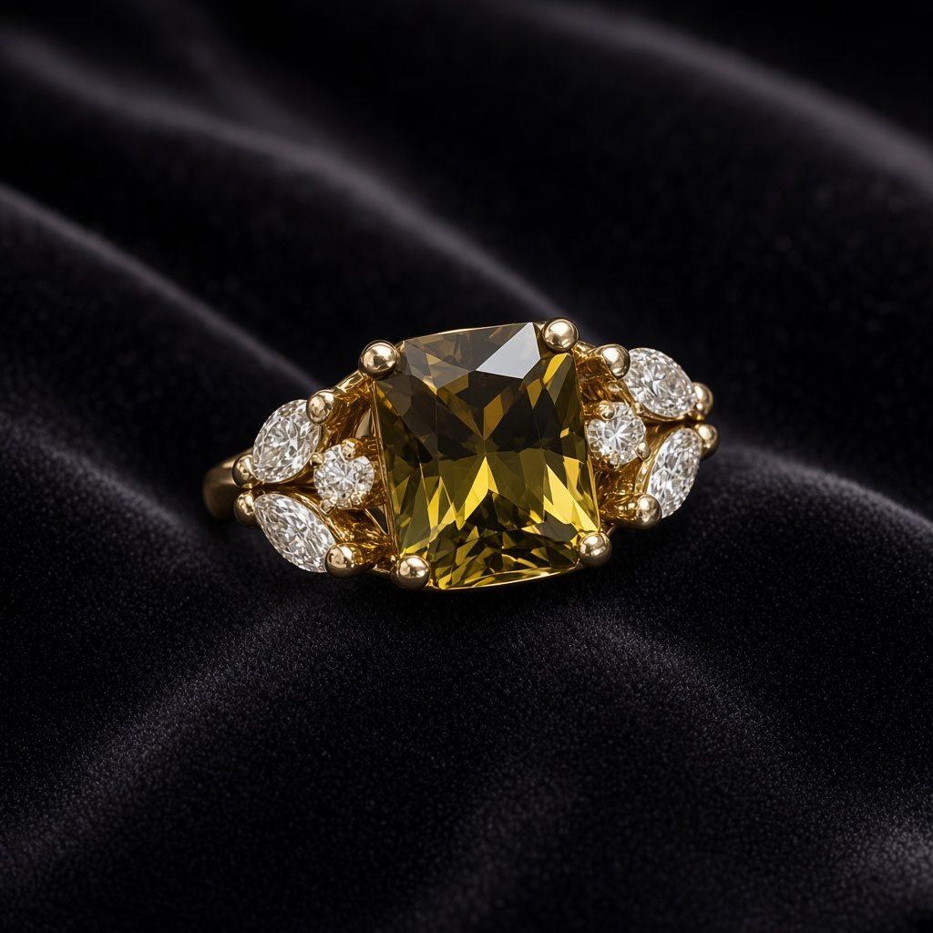Olive-green stone ring set in yellow gold with diamond accents, on black velvet