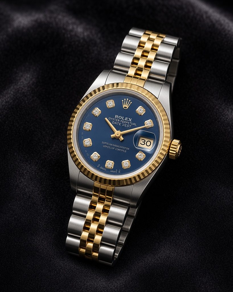 Rolex Datejust with blue dial on a two-tone gold and steel Jubilee bracelet, on black velvet