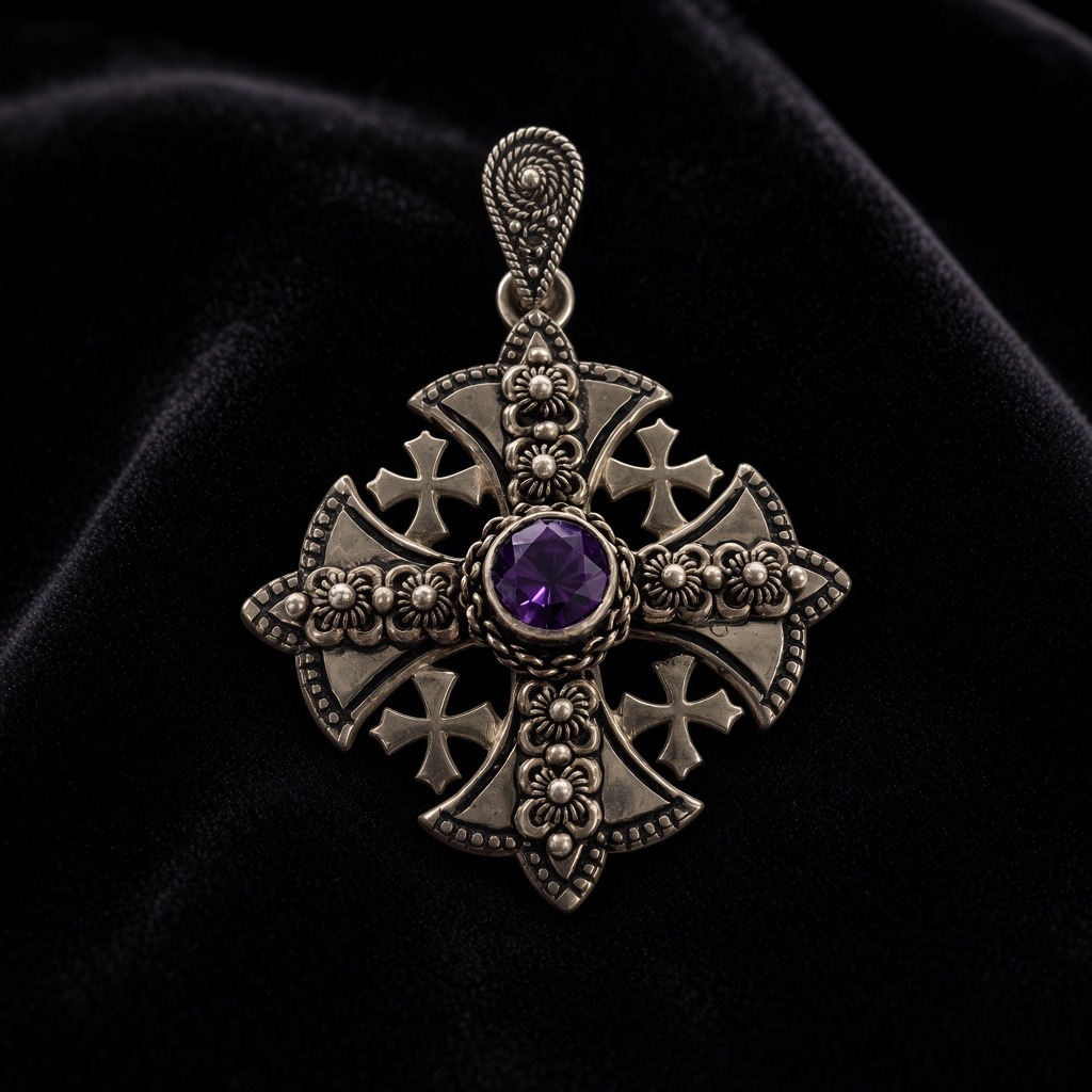 Jerusalem Cross pendant with amethyst center on velvet